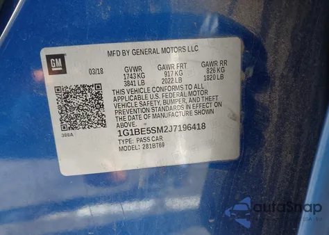 2018 Chevrolet Cruze Lt Auto z USA, uszkodzony, nr VIN 1G1BE5SM2J7196418
